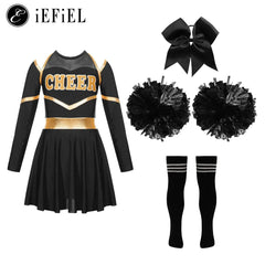 Kids Girls Cheerleader Costume Halloween Cheerleading Dress with Pom Poms Bow Hair Clip Socks Birthday Party Gifts