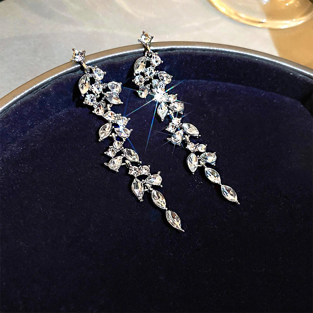 Shiny Crystal Zircon Long Stud Earrings for Women Geometric Hanging Drop Tassel Earring