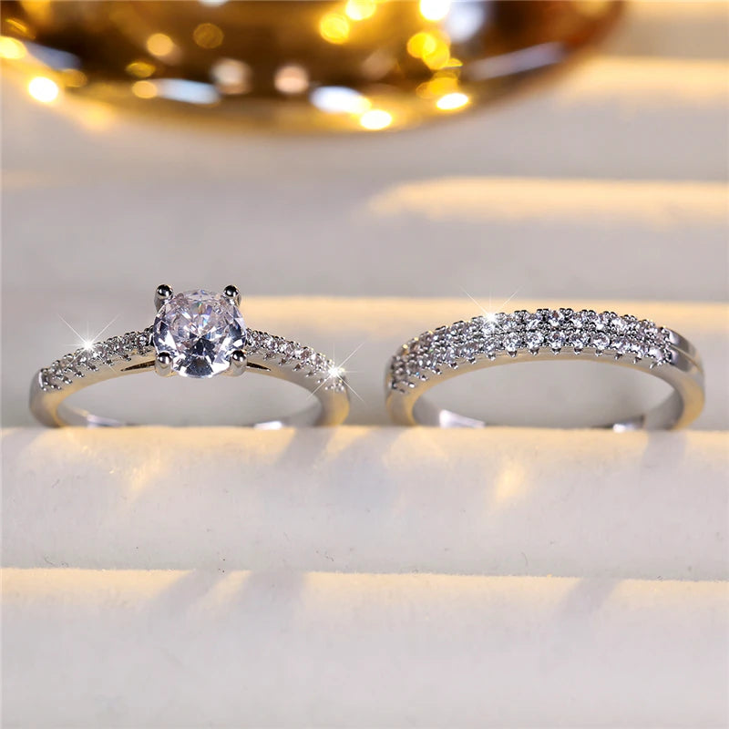 Zircon Stone Engagement Ring Set Cute Silver Color Wedding Jewelry For Women