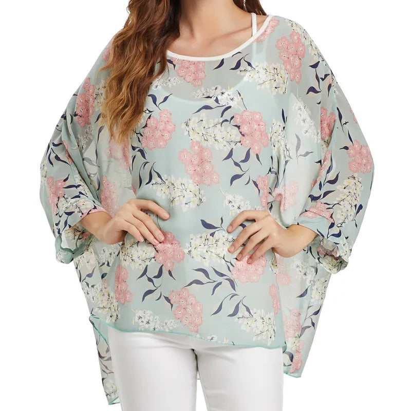 Women chiffon Blouse half Sleeve Beach shirt O-neck Loose summer floral print Casual Bohemian Boho Top