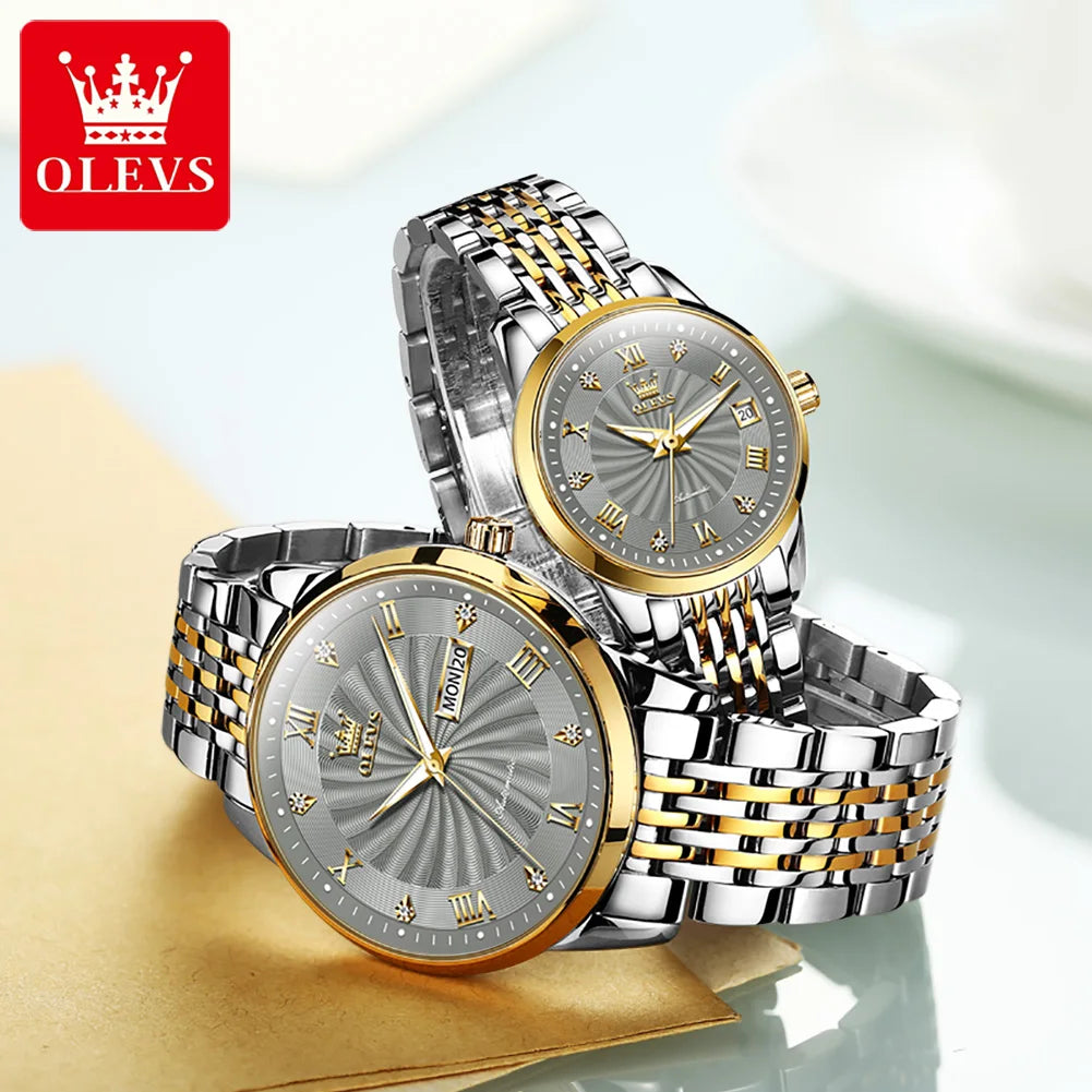 OLEVS Brand Couple Luxury Automatic Watches Men and Women Stainless Steel Waterproof Mechanical Wristwatches