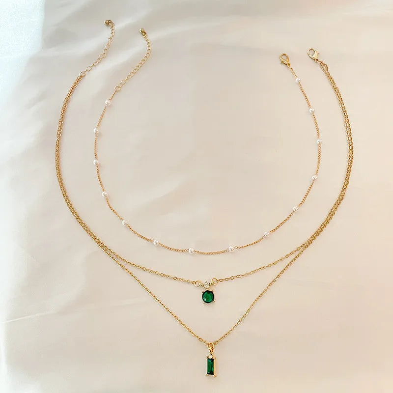 Simple Stacked Retro Imitation Emerald Green Pearl Multi-layer Necklace For Women