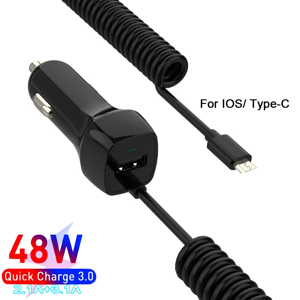 48W USB Fast Car Charger Stretch Cable Adapter for IPhone13 12 11 14 Pro Max Samsung Galaxy Note20 Android Type-c car Charger