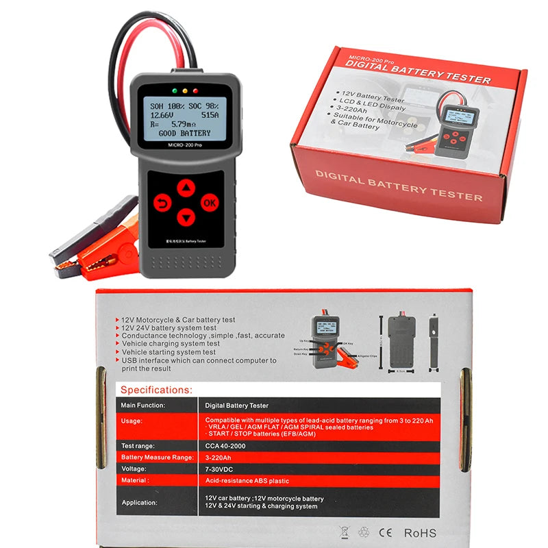 Micro 200 Pro Car Battery Tester Big Clip 12V 40-2000CCA Analyzer For Garage Workshop Auto Mechanical Tools