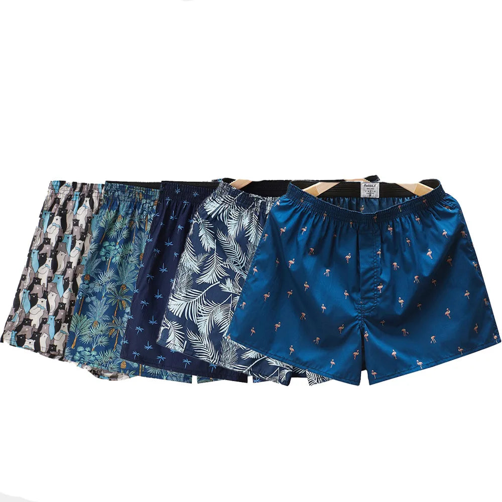 5pcs/Lot Boxer Men Underpants Printed Underwear Man Cotton Loose Woven Men's Family Panties