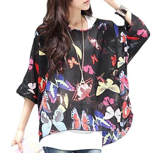 Women New Striped Print Summer Tops Tees Batwing Sleeve Casual Chiffon Blouses