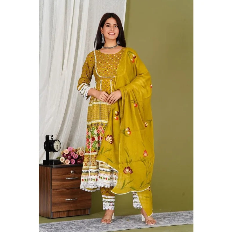 Yellow Color Printed Kurti Pant with Dupatta Set Women Salwar Kameez Suit Kurta