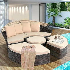 New Outdoor Patio Round Daybed with Retractable Canopy, Brown Wicker Furniture