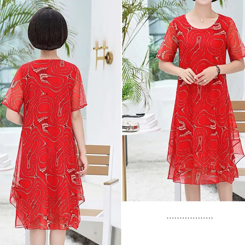 Summer Thin Fashion Printing Gauze Mesh Loose Knee Length Dress