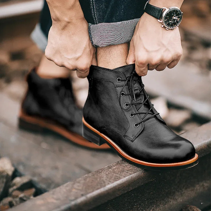 Handmade Leather Men Boots Retro Round Toe Ankle Boots