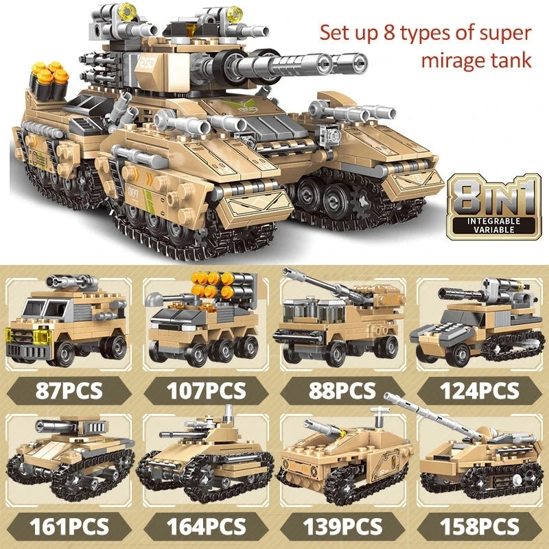 Military Series 8in1 Emperor Tank building block World War Explosion-Proof Antiaircraft Missile Armored Vehicle Bricks Toys