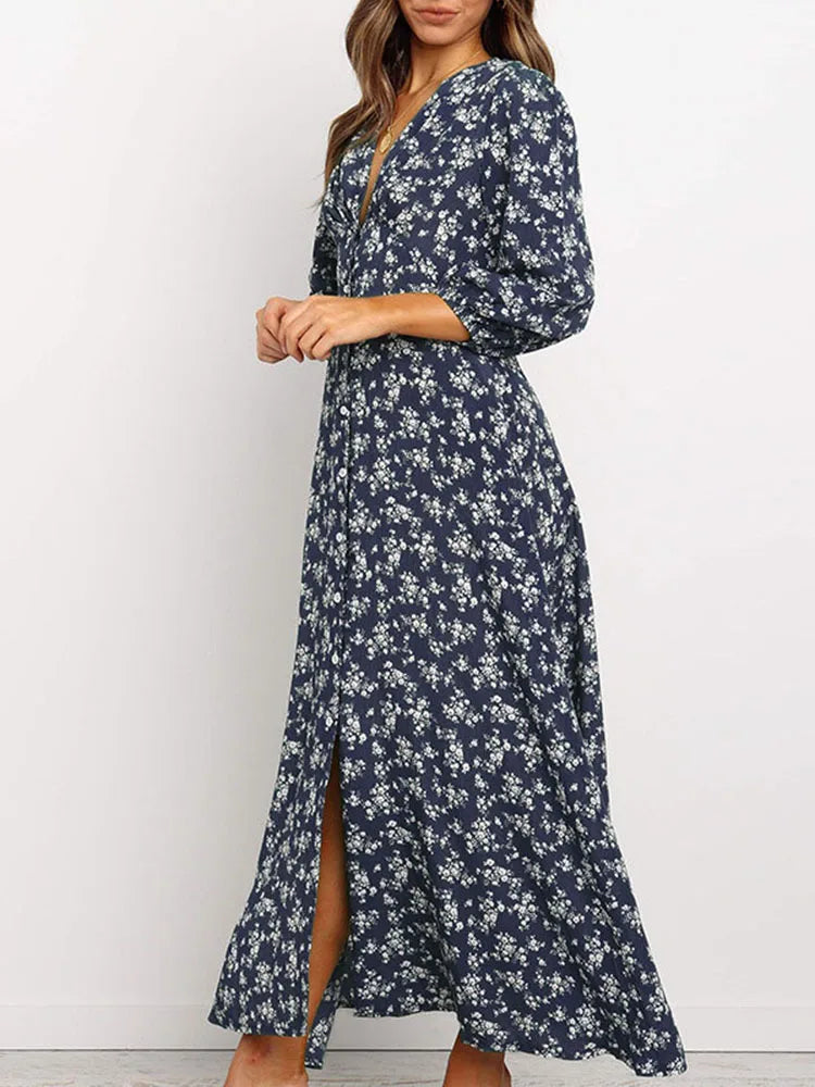 Women Chiffon Long Dress Floral Print Lantern Sleeve A-line Maxi Vestidos Autumn Dresses