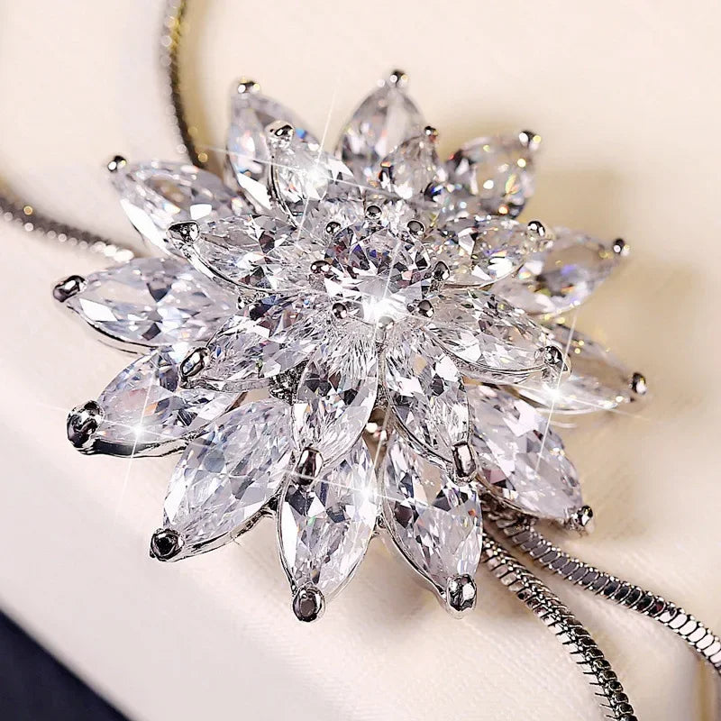 Snowflake Zircon Long Chain for Women Fashion Silver Color Crystal Maxi Necklaces & Pendants