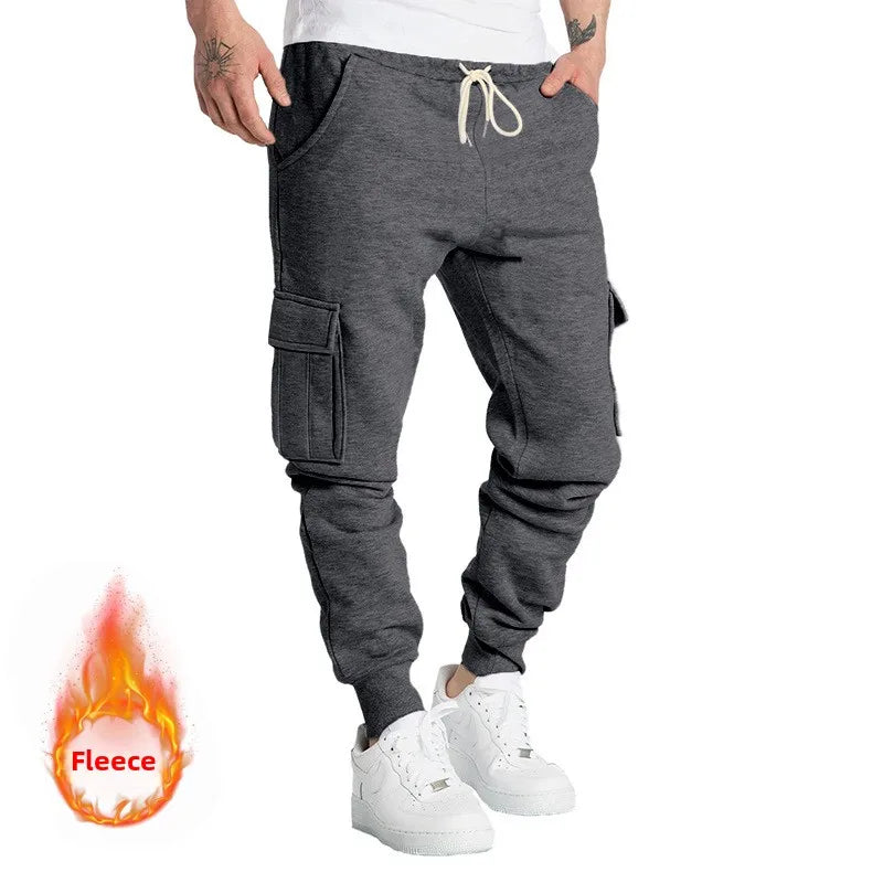 Autumn And Winter Fleece Men's Overalls Multi-pocket Plus Size Fleece-lined Casual Exercise Ankle-tied Cropped Pants