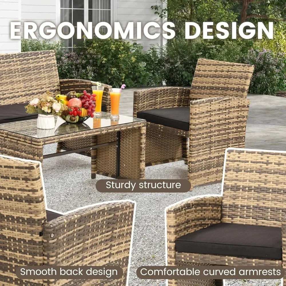 Rattan Patio Furniture Set,Outside Sectional Conversation Cushioned Sofa Set, Wicker Sofa Ideal for Garden, Porch