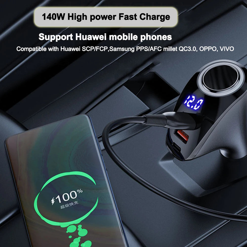 Car Charger Cigarette Socket Adapter LED Display Type-C PD 20W PPS/FCP Quick Charge 3.0 For IPhone OPPO Samsung HUAWEI