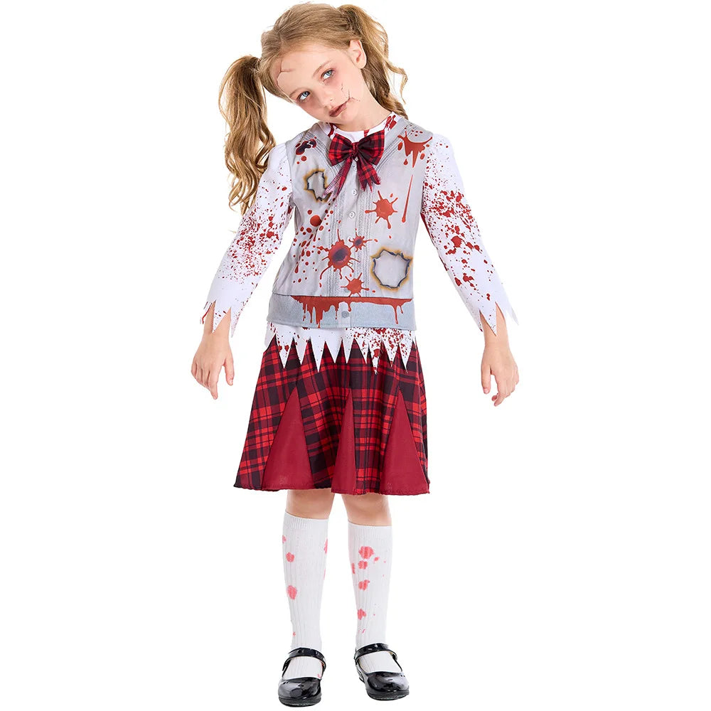 Girls Bloody Zombie Student Cosplay Kids Children Halloween Walking Dead Scary Costumes