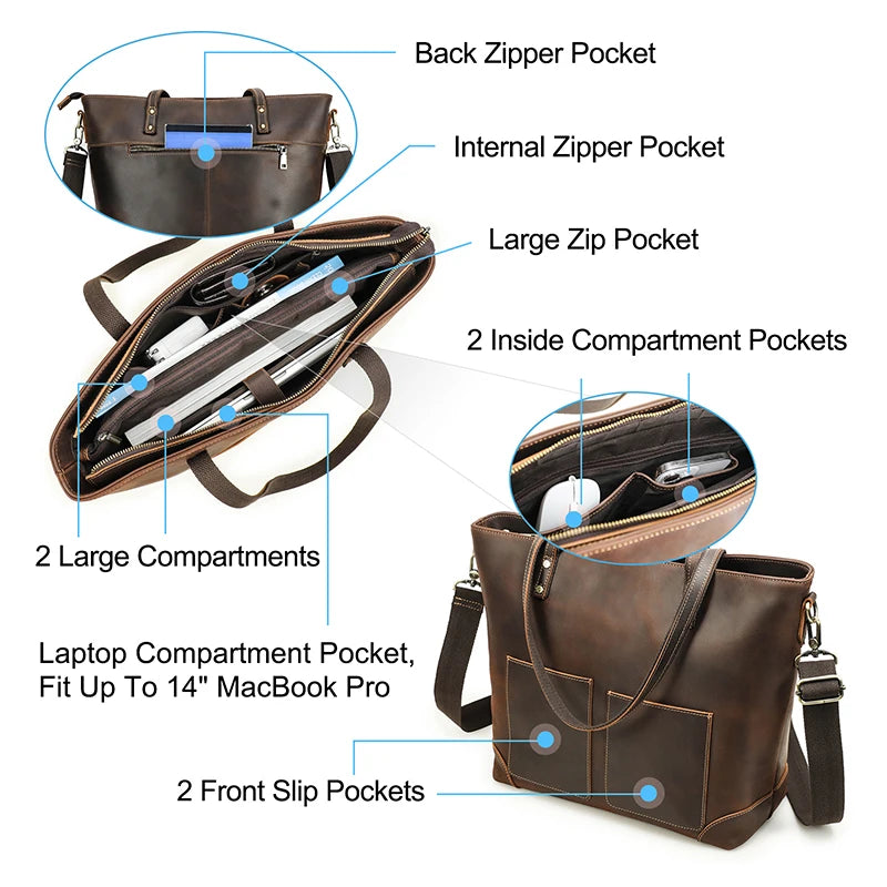 CONTACT'S Men Handbag Luxury Genuine Leather Shoulder Bag Designer Travel Handle Tote Bag Adjustable Strap Shopping Bags