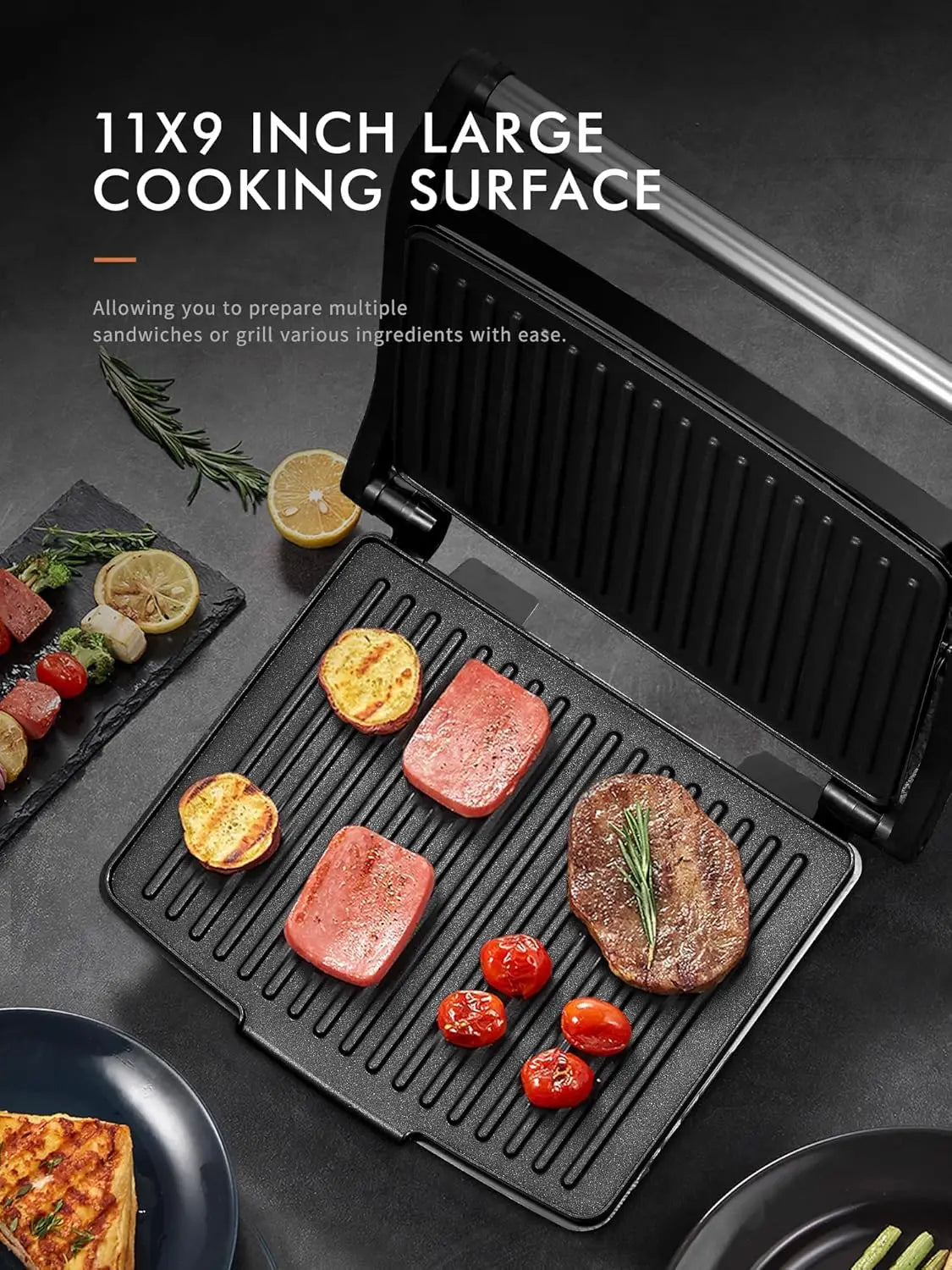 Panini Press Grill, Gourmet Sandwich Maker, Electric Indoor Grill with Non-Stick Cooking Plate and Removable