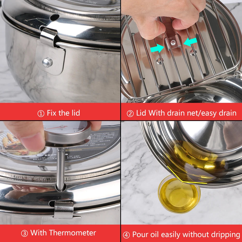 Stainless Steel 2 Handles 2.2L With Thermometer and Lid Tempura Fryer Pan Deep Frying Pot