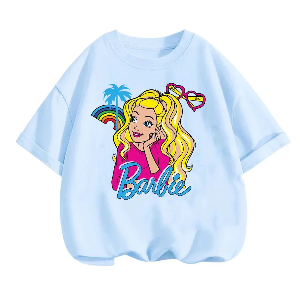 New Kawaii Barbie T-shirt Kids Clothes Girls Fashion Baby Printed Short-sleeved Boys Anime Cartoon Sonic Stitch Stich T-shirts