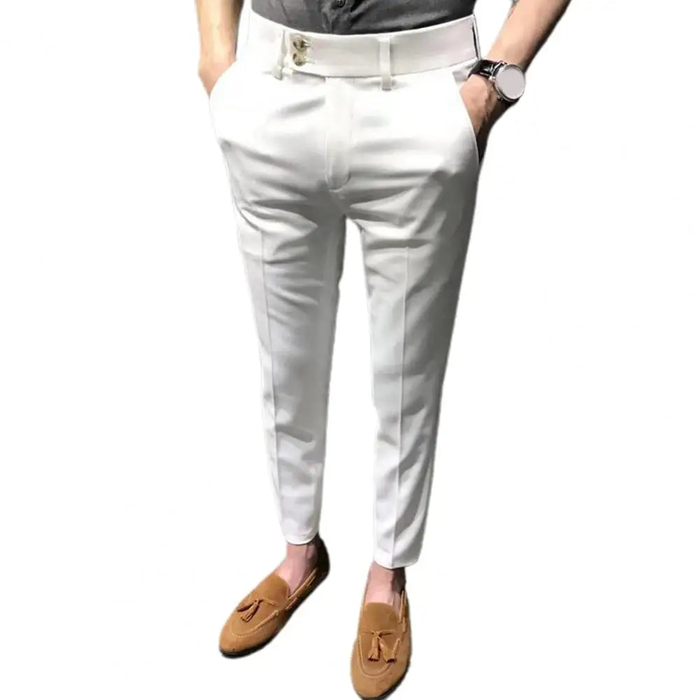 Trendy Ninth Suit Pants Office Slim Fit Wear-resistant Zip Up Ninth Suit Pants  Ankle Length Ninth Trousers Male Garment