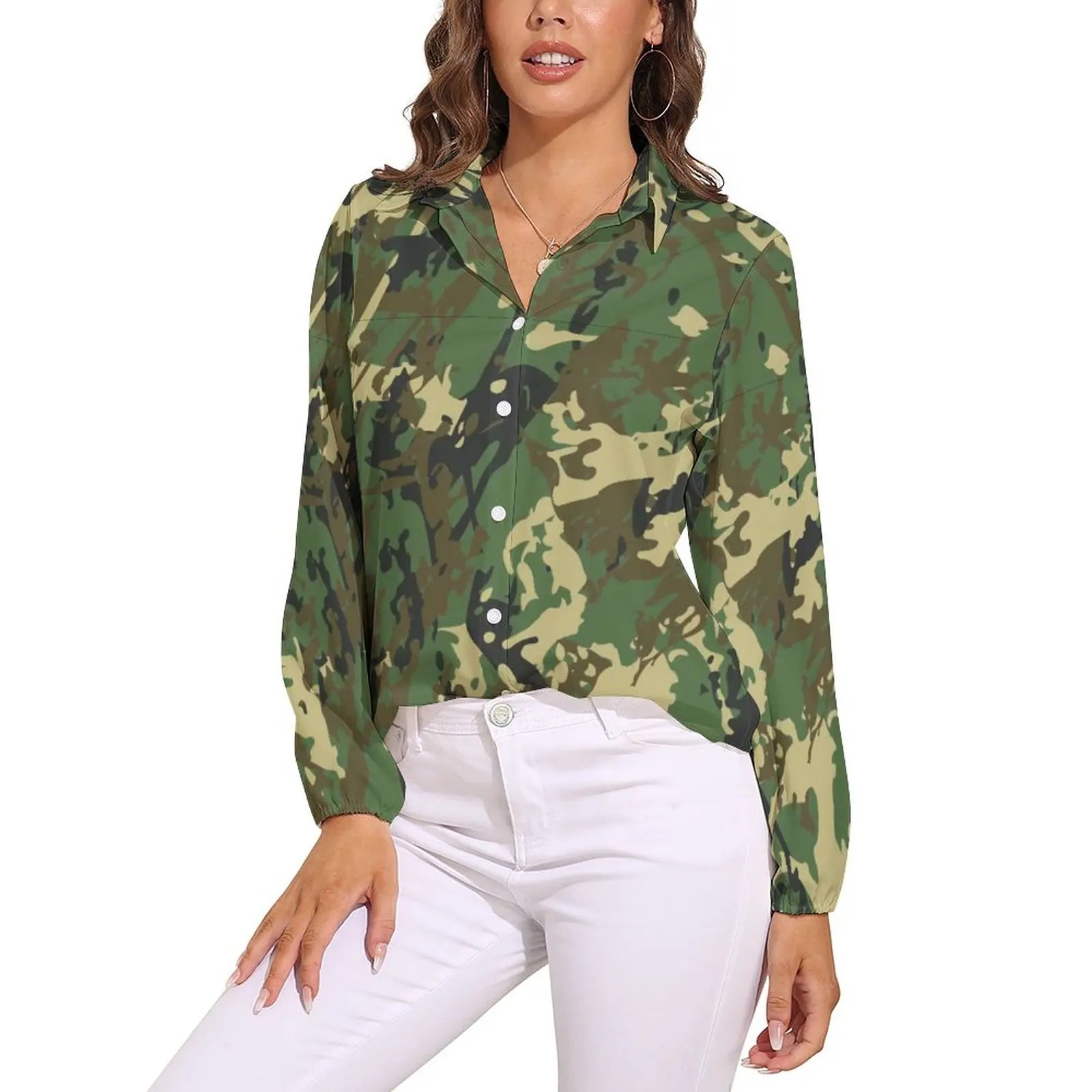 Orange And Green Camo Blouse Army Vector Camouflage Funny Print Blouses Womens Long Sleeve Shirt Summer Oversized Clothing