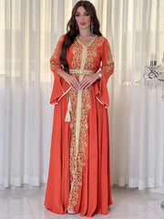 Eid al-Adha Arabian Dubai Embroidery Applique Dress Muslim Party Dinner Robe Abaya Elegant Evening Dress Long Sleeves Party Gown