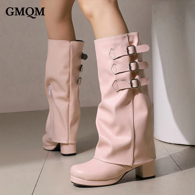 Fashion New Knee High Fold Over Boots Chunky heel Round Toe With Buckle Straps Side Zipper for Fall Winter