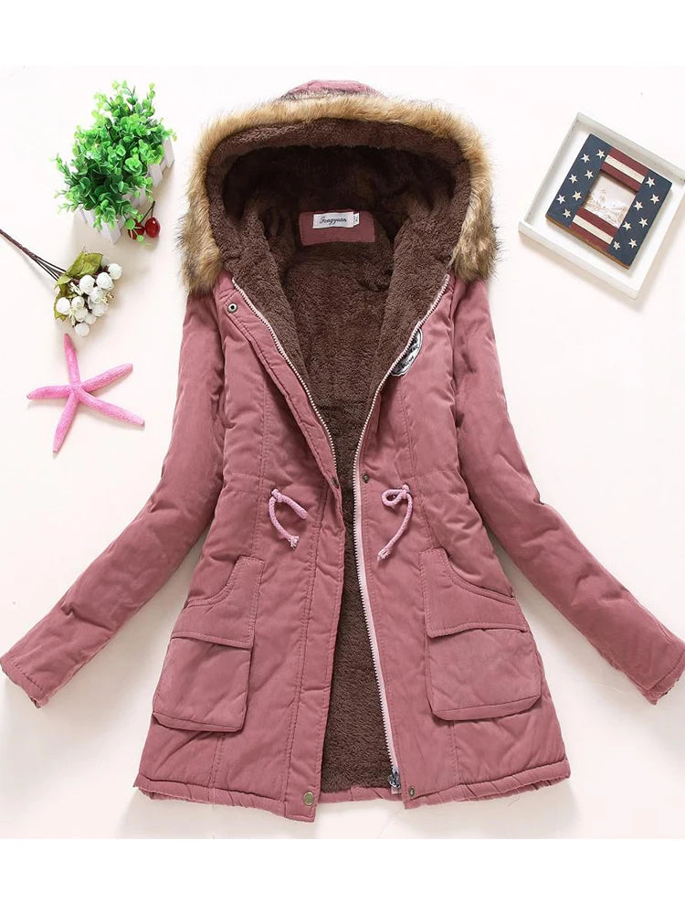 Military coats women cotton wadded hooded jacket medium-long casual parka