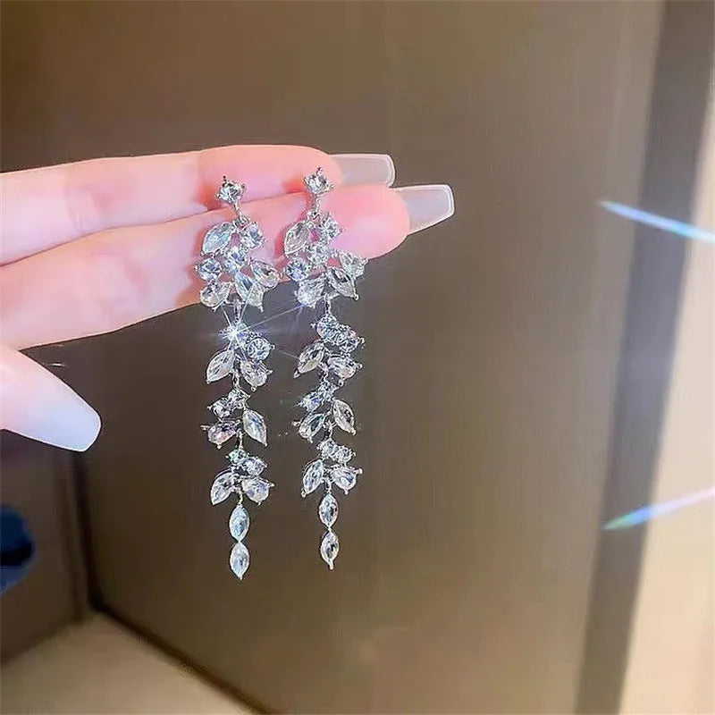 Sliver Maple Leaf Zircon Tassel Long Earrings For Women