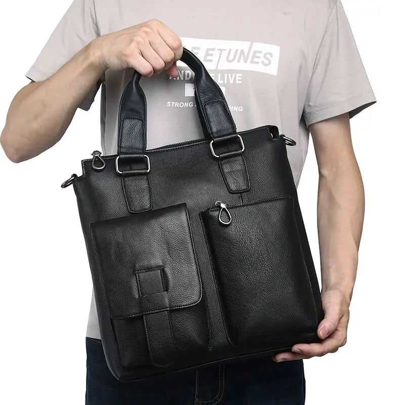 Men Vertical Handbag Male Genuine Leather Briefcase Tote Men's Cowhide Leather Shoulder Bag