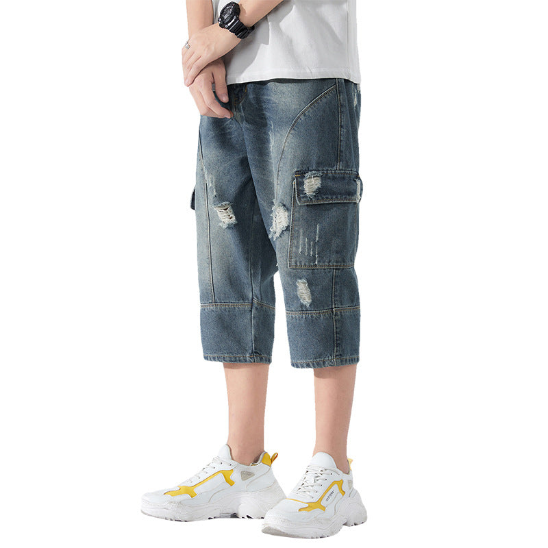 Men's Loose Elastic Waist Printed Cropped Jeans