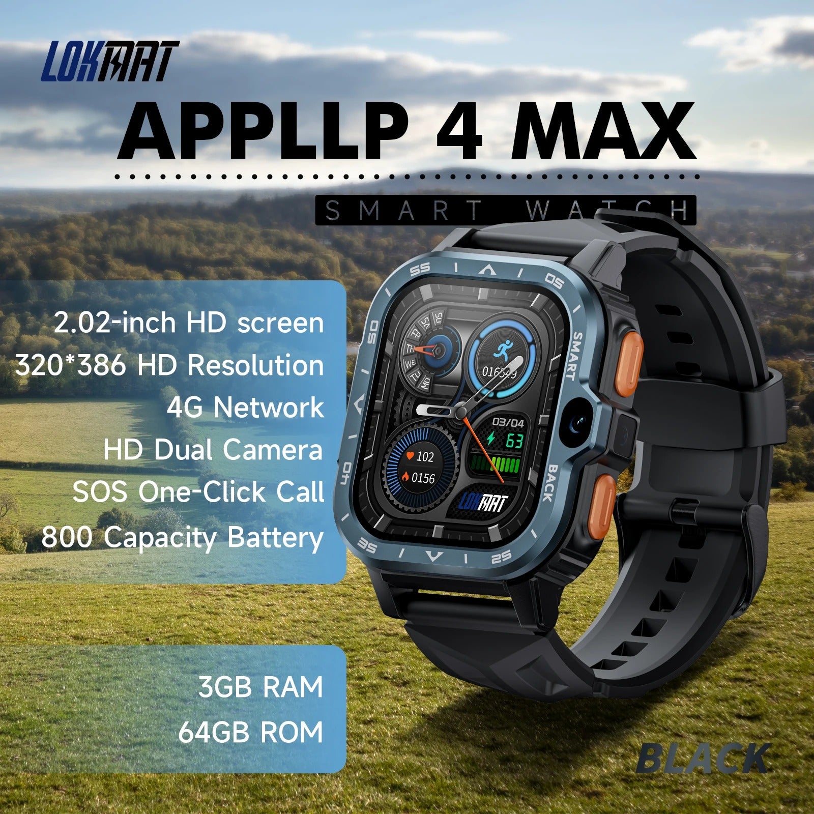 APPLLP 4 MAX Android Smart Watch Phone Fitness Tracker Touch Screen Dual Camera GPS Wifi Call Wacth Heart Rate Monitor