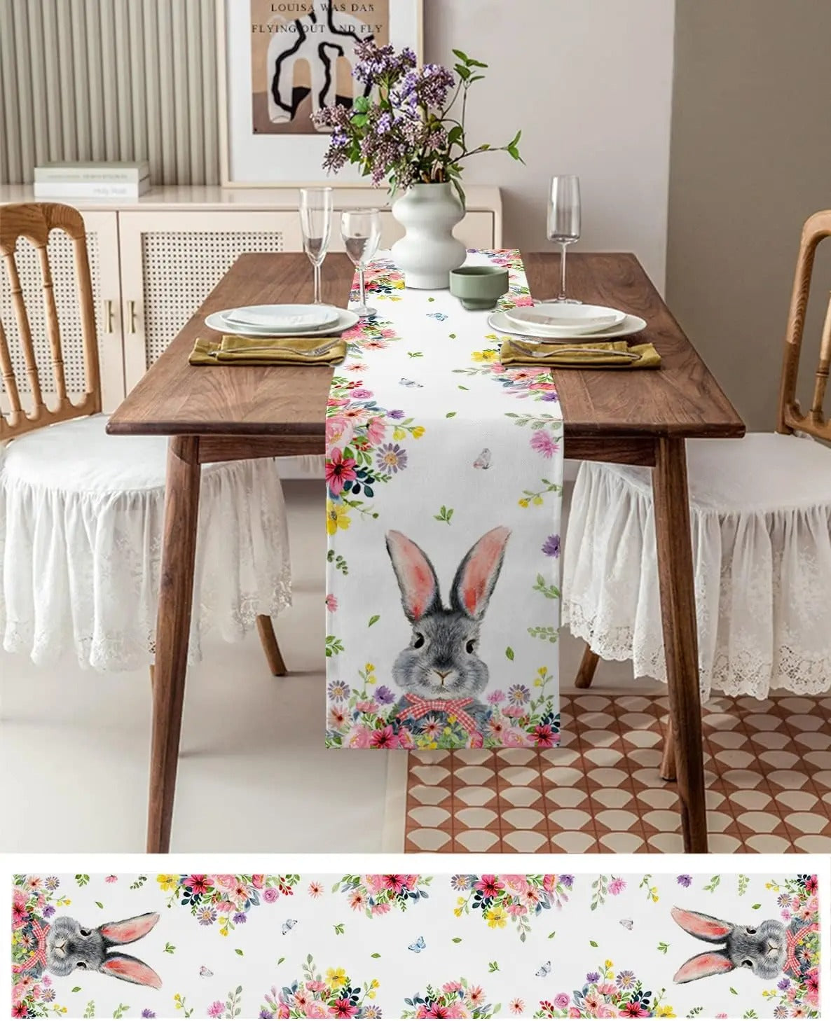 Easter Bunny Flower Linen Table Runners Dresser Scarves Table Decor