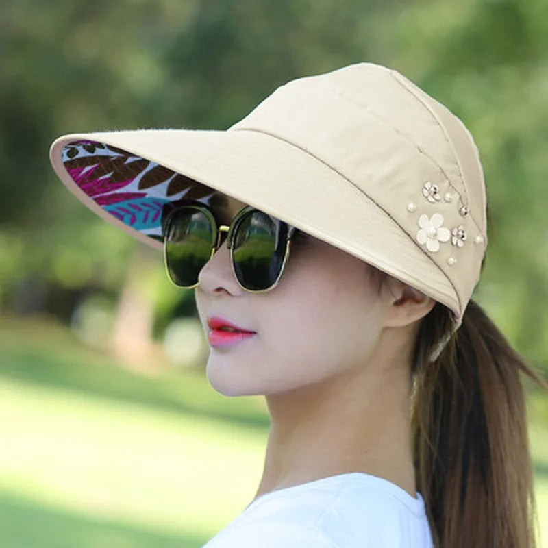 Summer Hats for Women Foldable Sun Hat Pearl Flower Visor Suncreen Floppy Cap