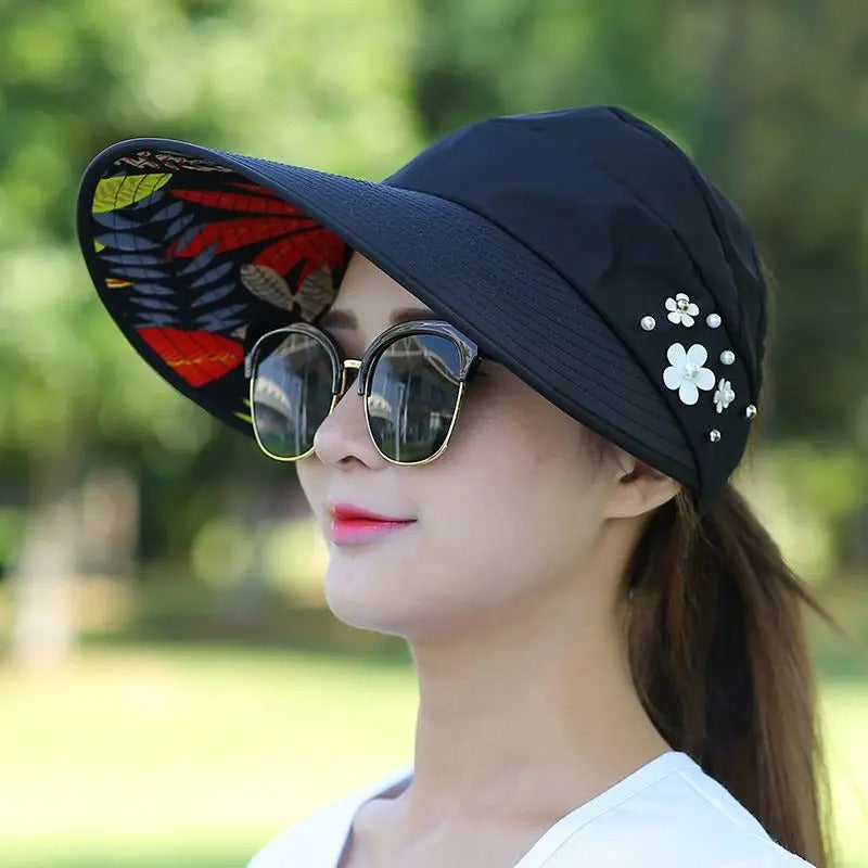 Summer Hats for Women Foldable Sun Hat Pearl Flower Visor Suncreen Floppy Cap