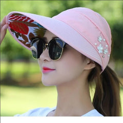 Summer Hats for Women Foldable Sun Hat Pearl Flower Visor Suncreen Floppy Cap