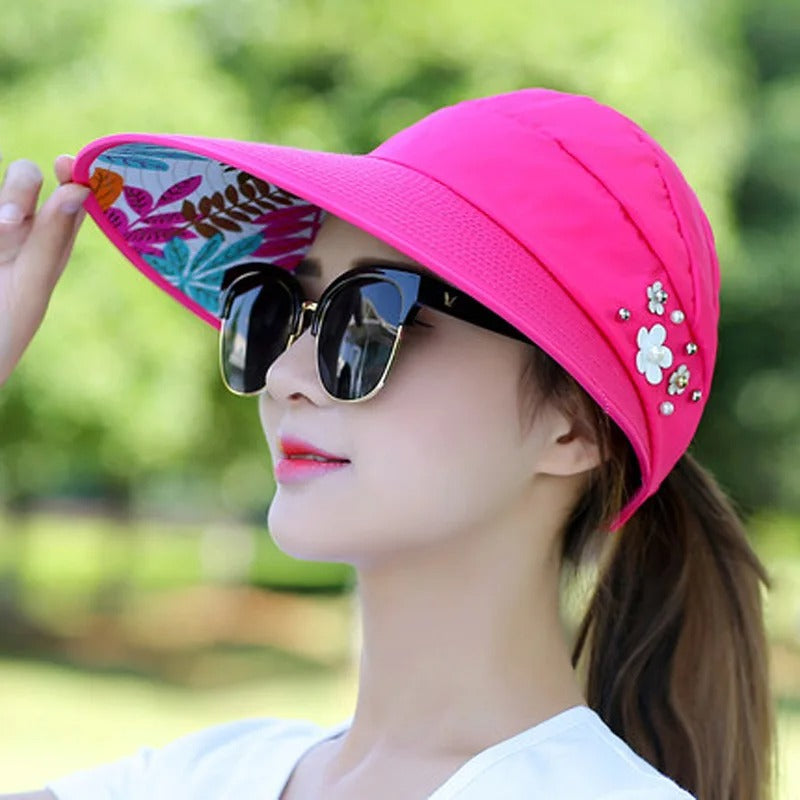 Summer Hats for Women Foldable Sun Hat Pearl Flower Visor Suncreen Floppy Cap