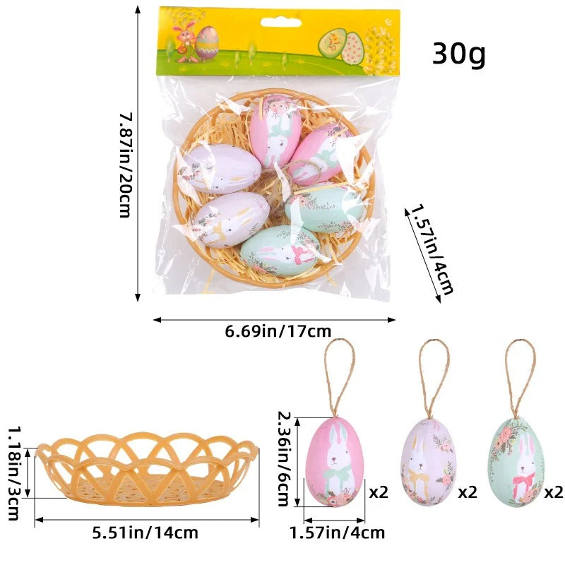 Easter Egg Hanging Ornaments with Woven Basket Painted Cartoon Bunny Pattern Easter Egg